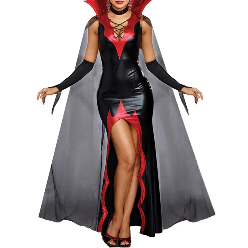 Halloween vampierkostuum voor dames Deluxe lange bodycon-jurk met cape-armmouwset Cosplay-outfits