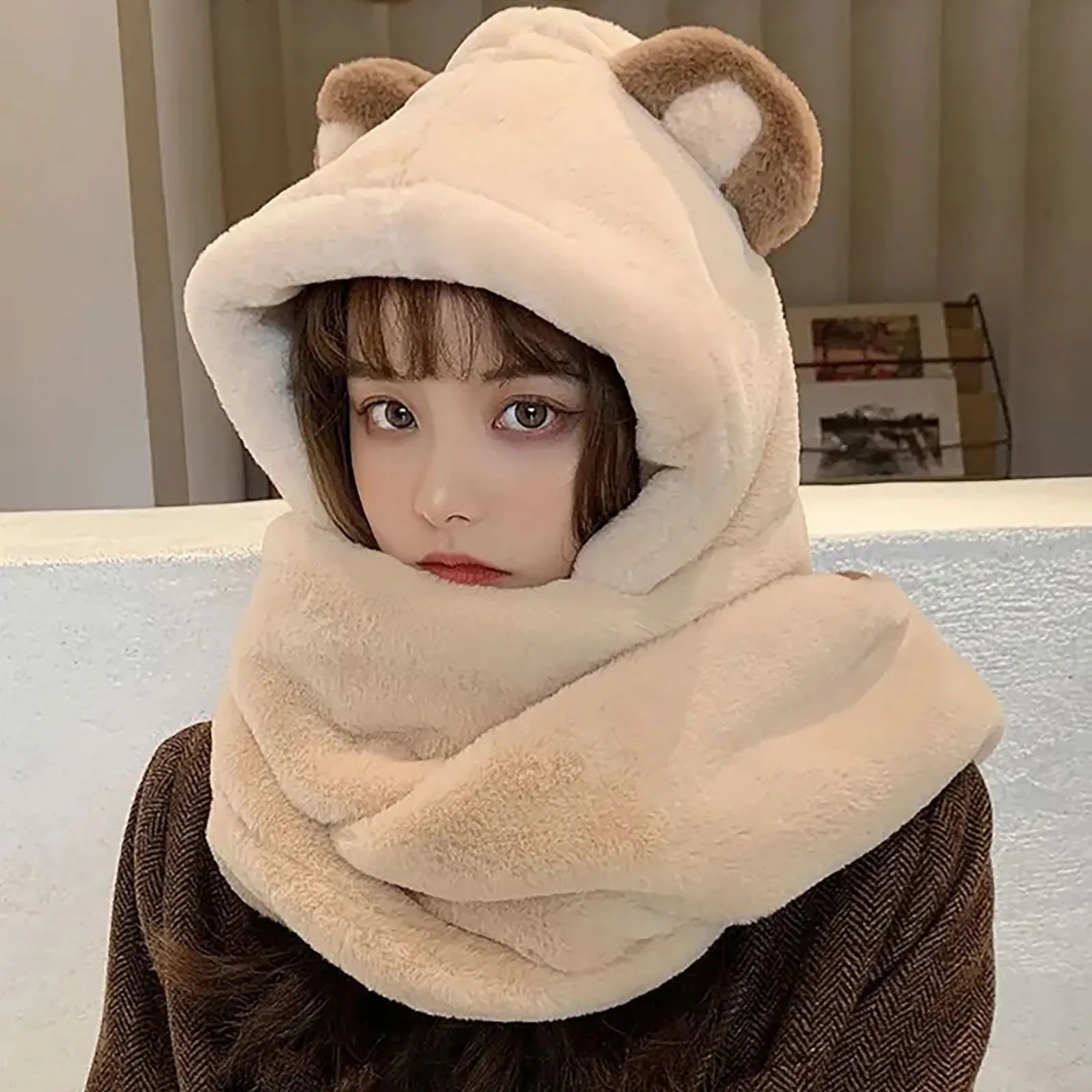 Cute Bear Ear Hooded Scarf Winter Warmth Plush Integrated Scarf Winter Warmth Hat Women Cold Weather Windproof Mitten 2026 T1