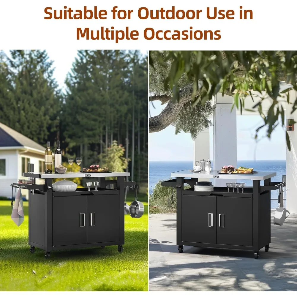 Outdoor Grill Cart with Storage Cabinet Metal Kitchen Island Prep Table with Movable Universal Wheels
