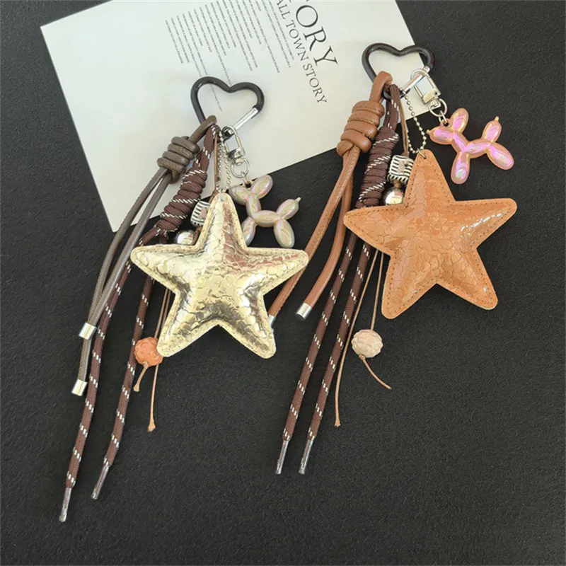 New Leather Star Bag Charm Cute  Balloon Dog Rainbow Decorative Keychain Fashion Braided Rope Bag Accessorie