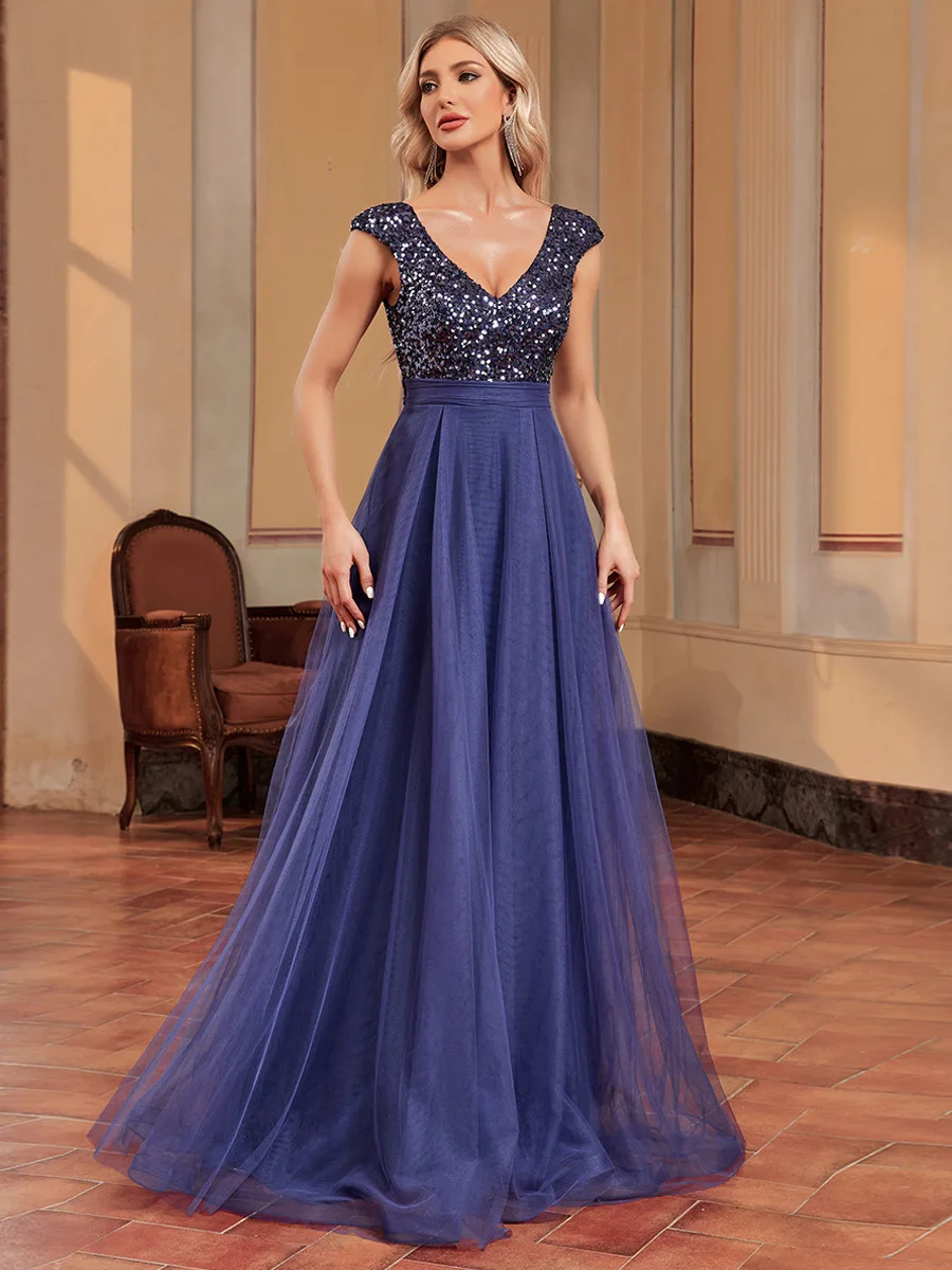 

Ele V-ne Sequin Tulle A-line Floor-length Evening Dr Faionable Par Dr Low Waist Synthetic Fiber Adult Ceremony