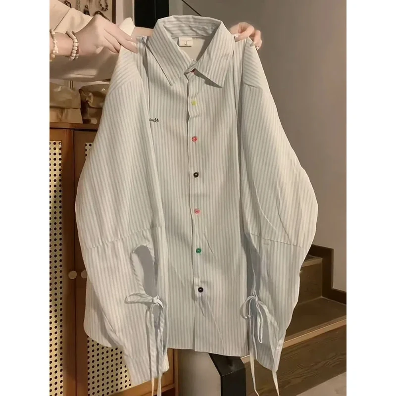 Korean Style Design Tie Blue Striped Long Sleeved Shirt Women's New Summer Loose Fit Shirt Sun Protection Jacket