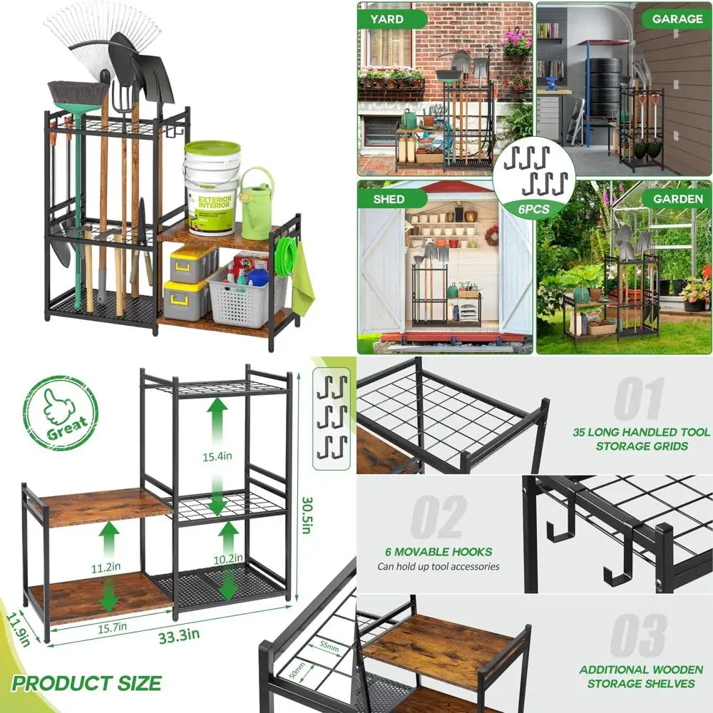 

Двухуровневый деревянный органайзер для инструментов в гараж с 6 крючками и стальной полкой для 35 длинноручных садовых инструментов