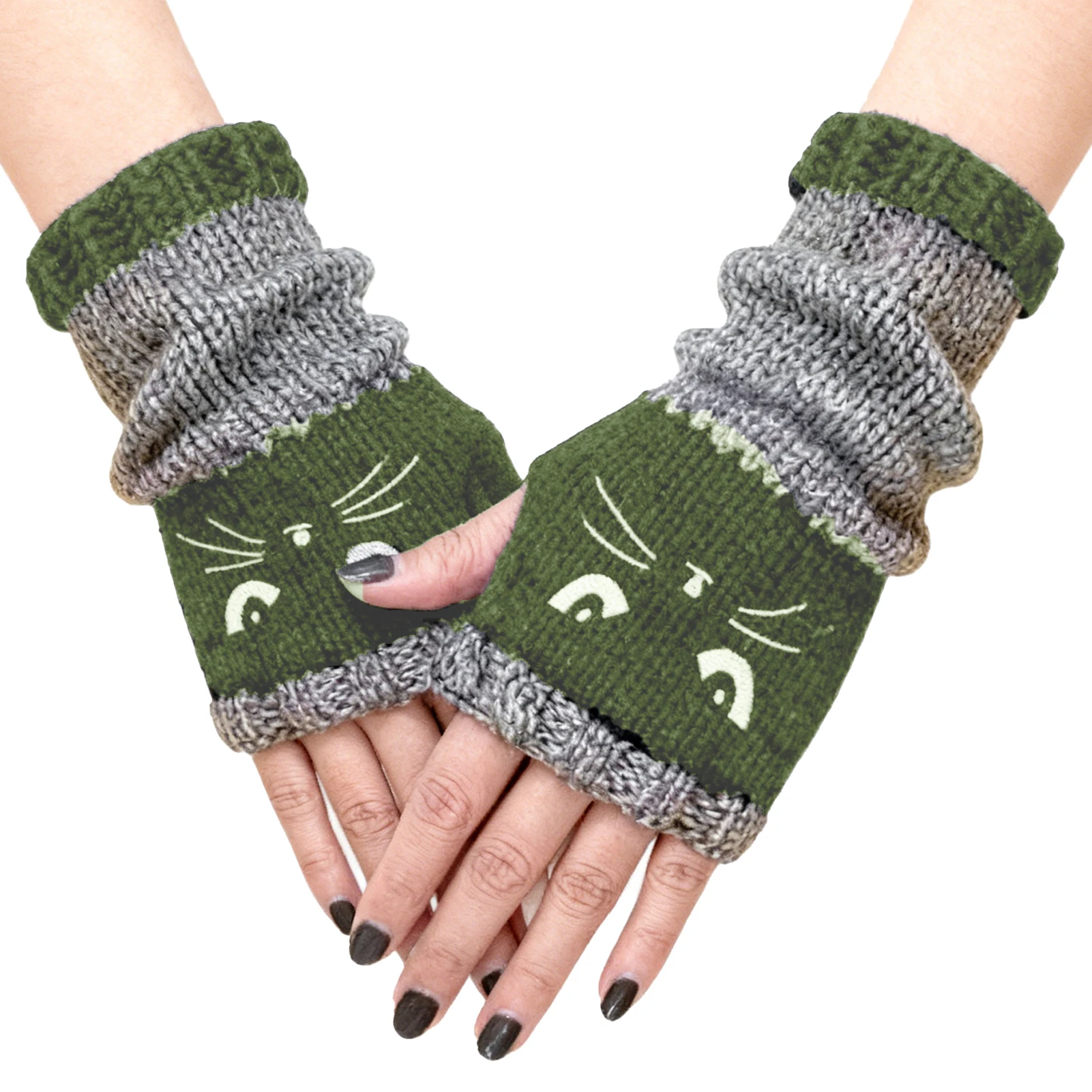 Gestrickte fingerlose Handschuhe dicke Winter Herbst Wolle stricken fingerlose Handschuhe Katze Stickerei wärmende Handschuhe warme offene Fingerhandschuhe
