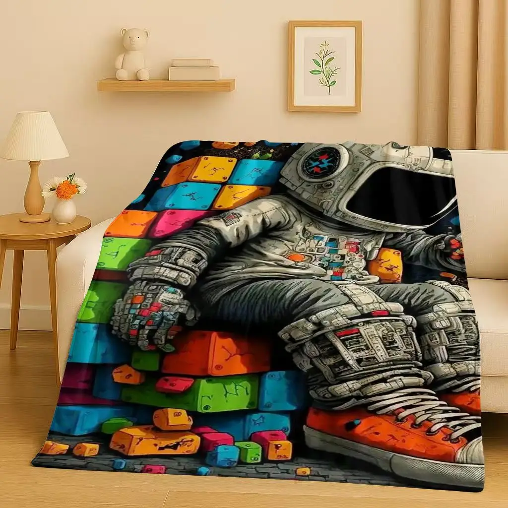 Cartoon Astronaut Spaceman Planet Flannel Blanket,Ultra Soft Plush Throw for Home Bedroom Bed Sofa Cover Kid Christmas Gift