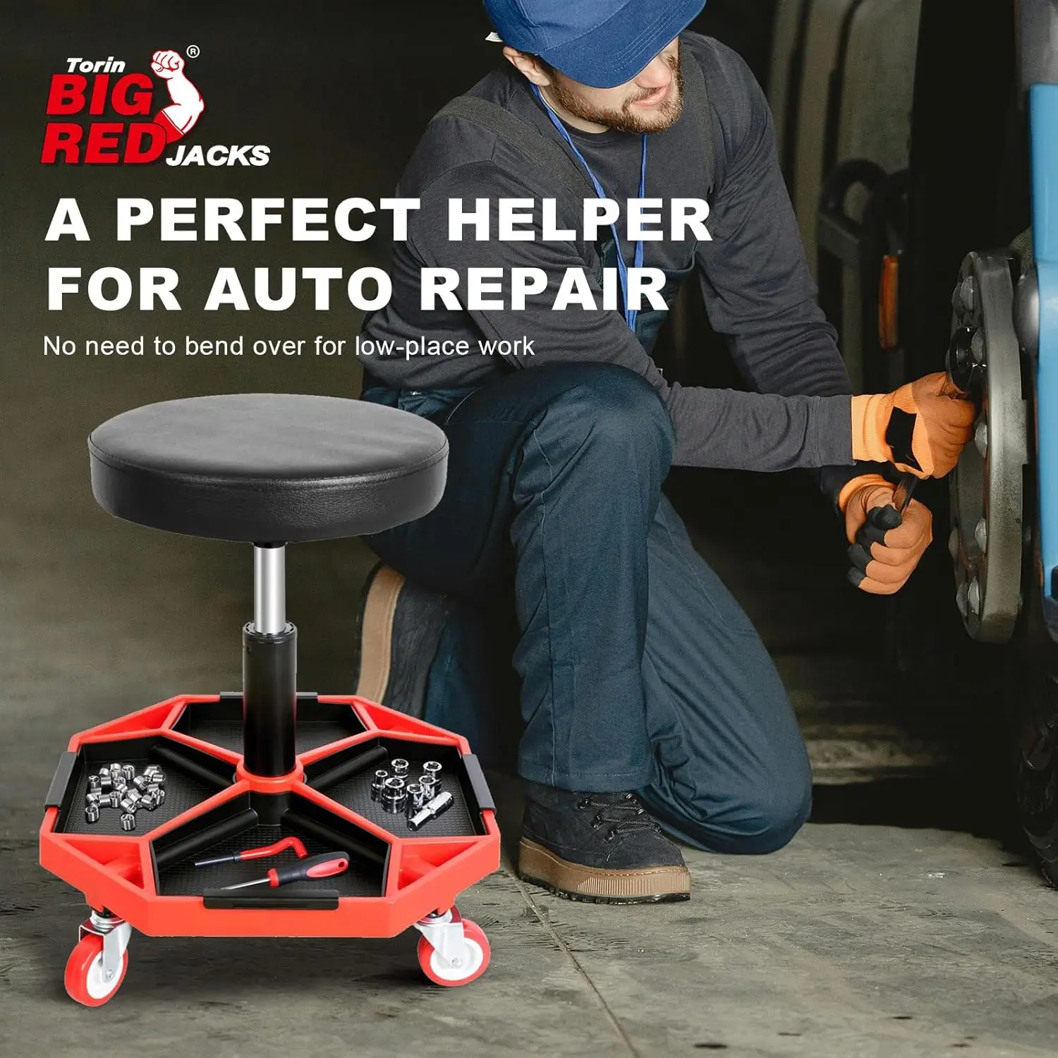 Adjustable Height Pneumatic Rolling Shop Creeper Seat with 4 Removable Tool Trays, 300 lb Capacity