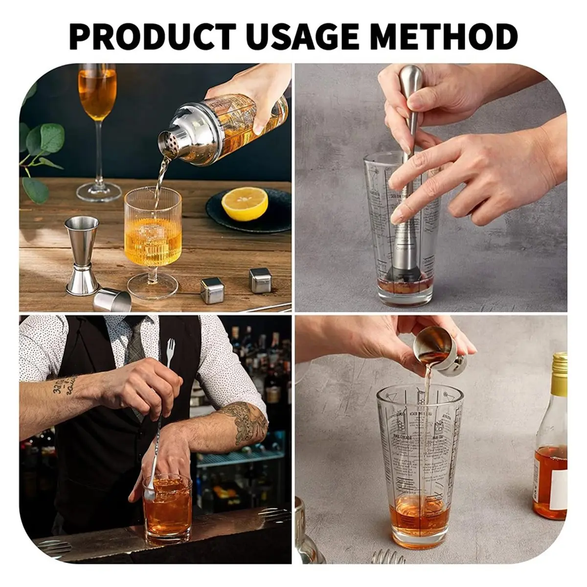 Glass Cocktail Shaker Stainless Steel Leak-Proof Lid Boston Shaker with Jigger 400ml Mixed Drink Shaker Bar Tools