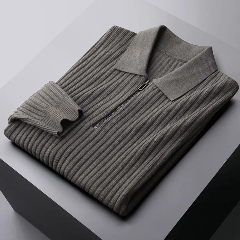 luxury High end fashion stripe warm sweater men's autumn and winter zip Lapel polo shirt casual knitting long sleeve t-shirt men