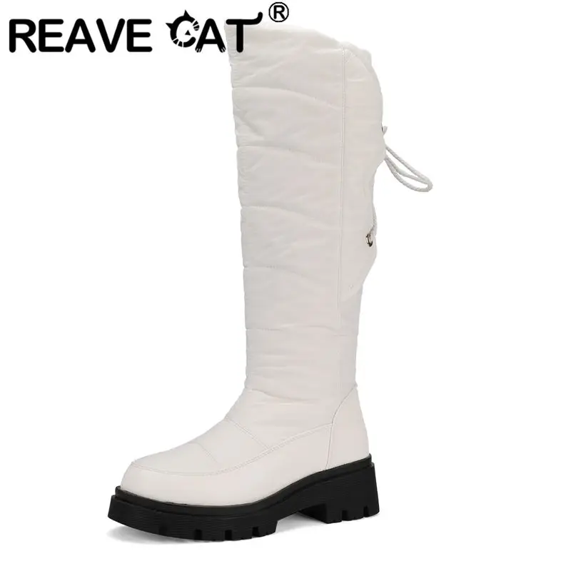 

REAVE CAT Ladies Winter Snow Footwear Round Toe Thick Heel 5cm Lace Up Waterproof Outdoor Warm Knee High Bota Big Size 42 43 44