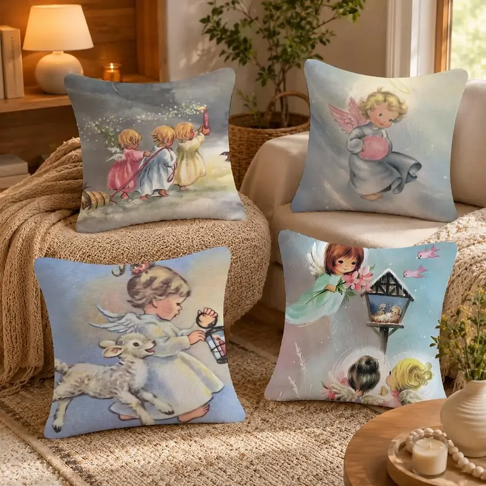 vintage little angel Cushion Cover Anti-dustmite Pillowcase Invisible zipper silky short plush Sofa cushion cover