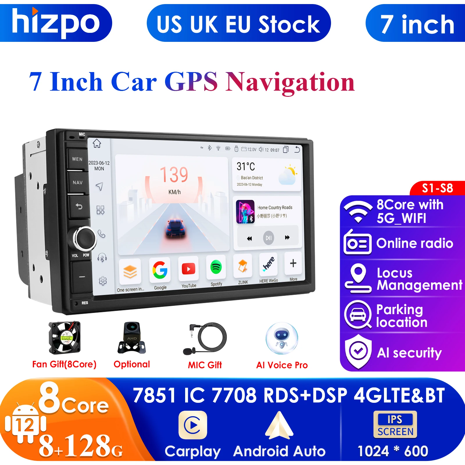 

7'' 7862 Intelligent Screen 2din Android 13 Car Radio Multimedia Video Player for Universal Head Unit GPS Carplay Auto 4G RDS BT