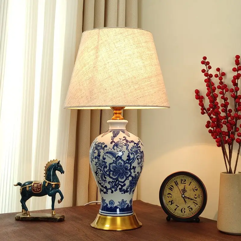 Designer Blue and White Porcelain LED Floor Lamps Fabric Lampshade Table Lamp Living Room Bedroom