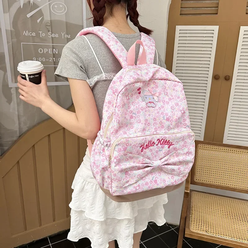 Sanrio Hello Kitty Floral Backpack Girls Sweet Kawaii Large Capacity Cartoon Schoolbag Anime Accessories Travel Storage Bag