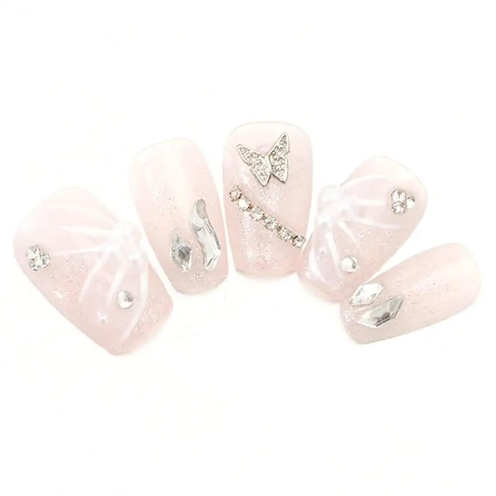 XS S M L 10Pcs Rhinestone Pearl Pure Manual False Nail with Tool Hand-painted Butterfly Handmade Nails Full Cover Nails Tips