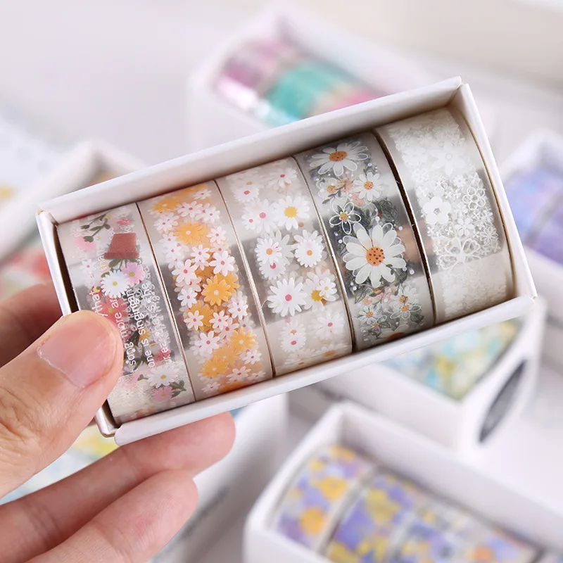 5 buah/set stiker seri bunga pita 1.5cm transparan PET Masking Tape 2m DIY dekoratif Diary Scrapbooking stiker estetika
