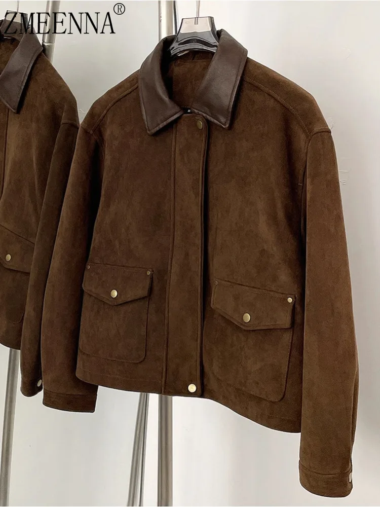 

ZMEENNA Dark Brown Faux Suede Jacket For Women Buttons Two Pockets Stylish And Warm Casual Winter Outerwear ZM4039