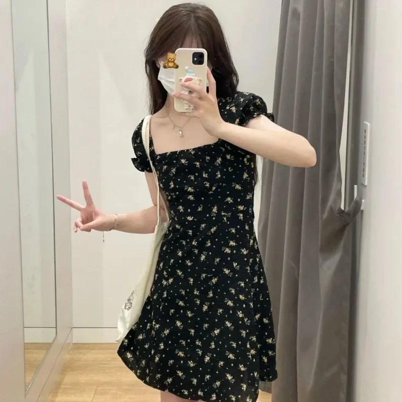 Women Summer Floral Dresses New Simple Casual Square Collar Puff Sleeve Split Dresses Elegant Cottagecore Dress Sweet Chic Dress