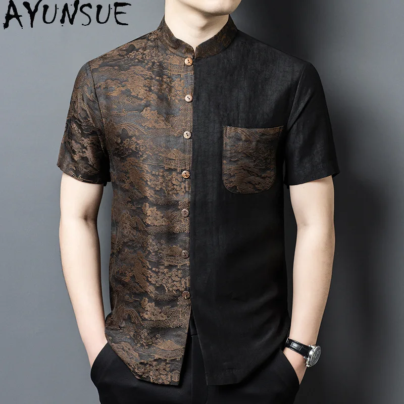 AYUNSUE 100% Real Mulberry Silk Shirts for Man High Quality 2026 Watered Gauze Tops Fashion Short Sleeve Shirt Casual Tee Shirt