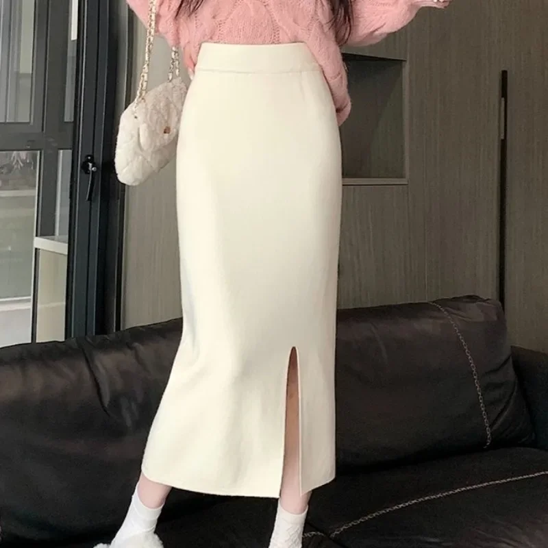 

Вязаные юбки-миди женские осенне-зимние с разрезом по бокам трапециевидной формы Faldas с высокой талией простые универсальные повседневные привлекательные Ulzzang 2024