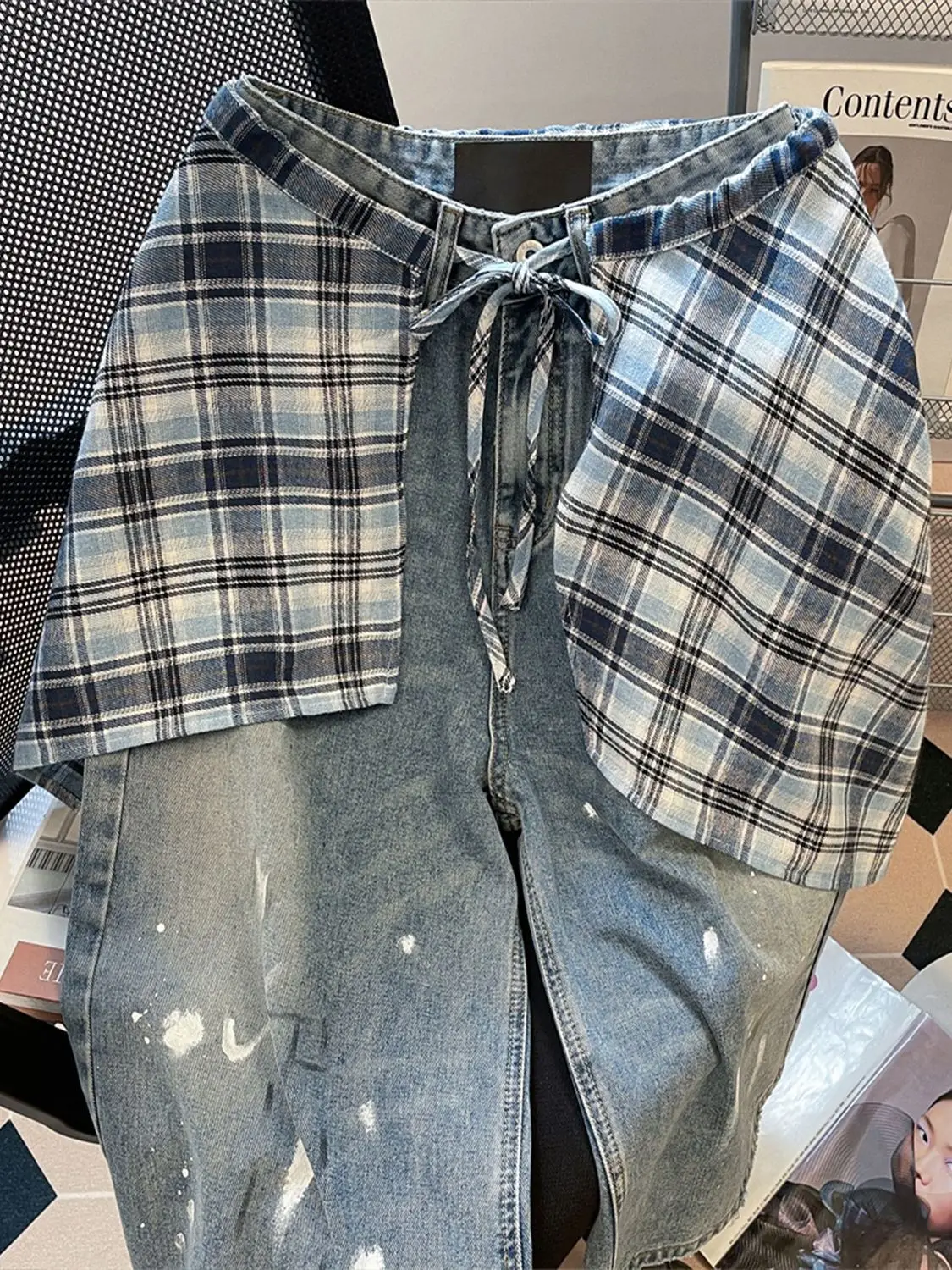retro blue ink splashing straight denim cropped pants women's high waist and thin fart curtain short pants