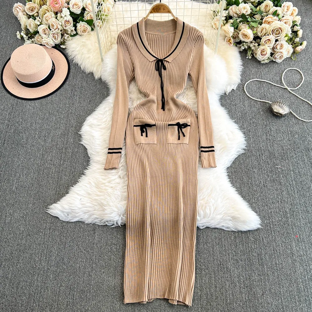 YuooMuoo Chic Fashion Sexy Wrap Hips Sweater Dress 2024 Autumn Winter French Style Slim Elastic Knitted Maxi Dress Party Vestido