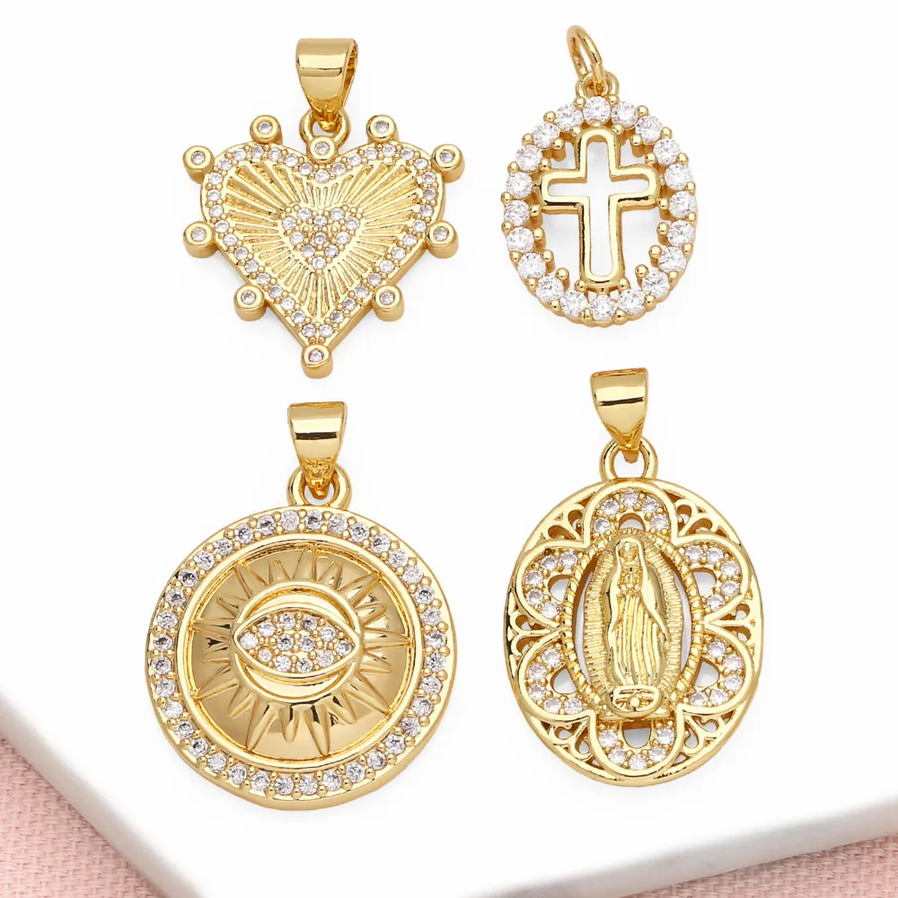 OCESRIO-Colgante de medalla de mal de ojo de cristal blanco para collares, chapado en oro de cobre, corazón de la Virgen María, componente de fabricación de joyas pdtb576