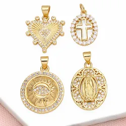OCESRIO White Crystal Evil Eye Medal Pendant for Necklaces Copper Gold Plated Virgin Mary Heart Jewelry Making Component pdtb576