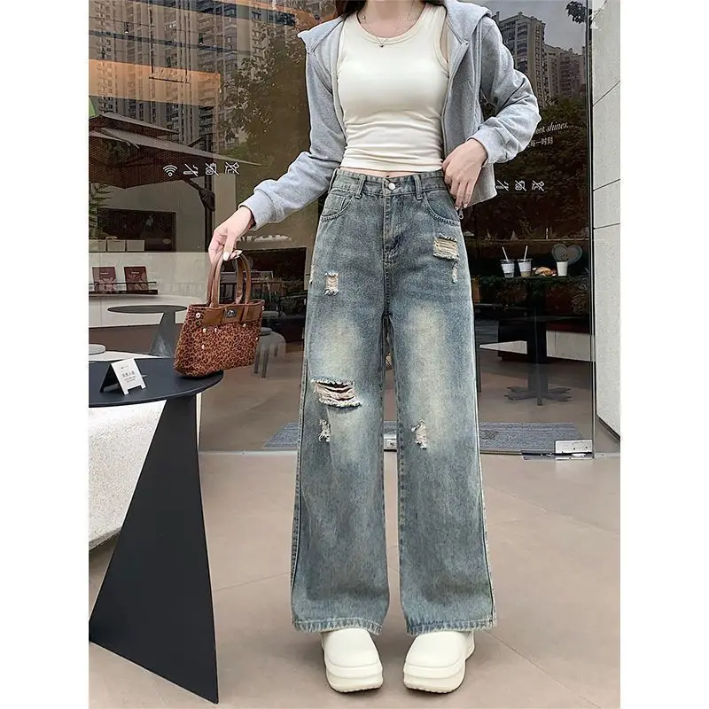 2026 New American Vintage Distressed Hole Short Straight Leg Jeans Women Summer Loose and Slim Versatile Wide Leg Floor Trousers