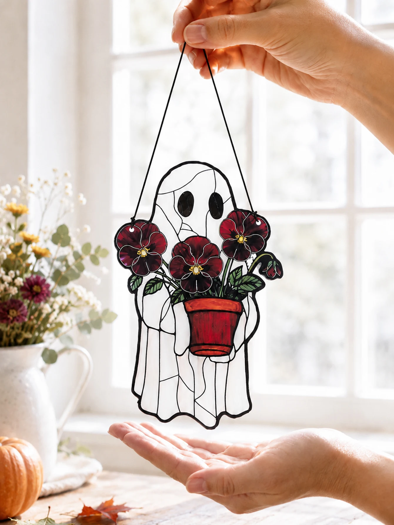Halloween Ghost Holding Flower Pot Acrylic Suncatcher Window Hanging Gothic Spooky Home Indoor Autumn Fall Wall Decor Pendant view 4