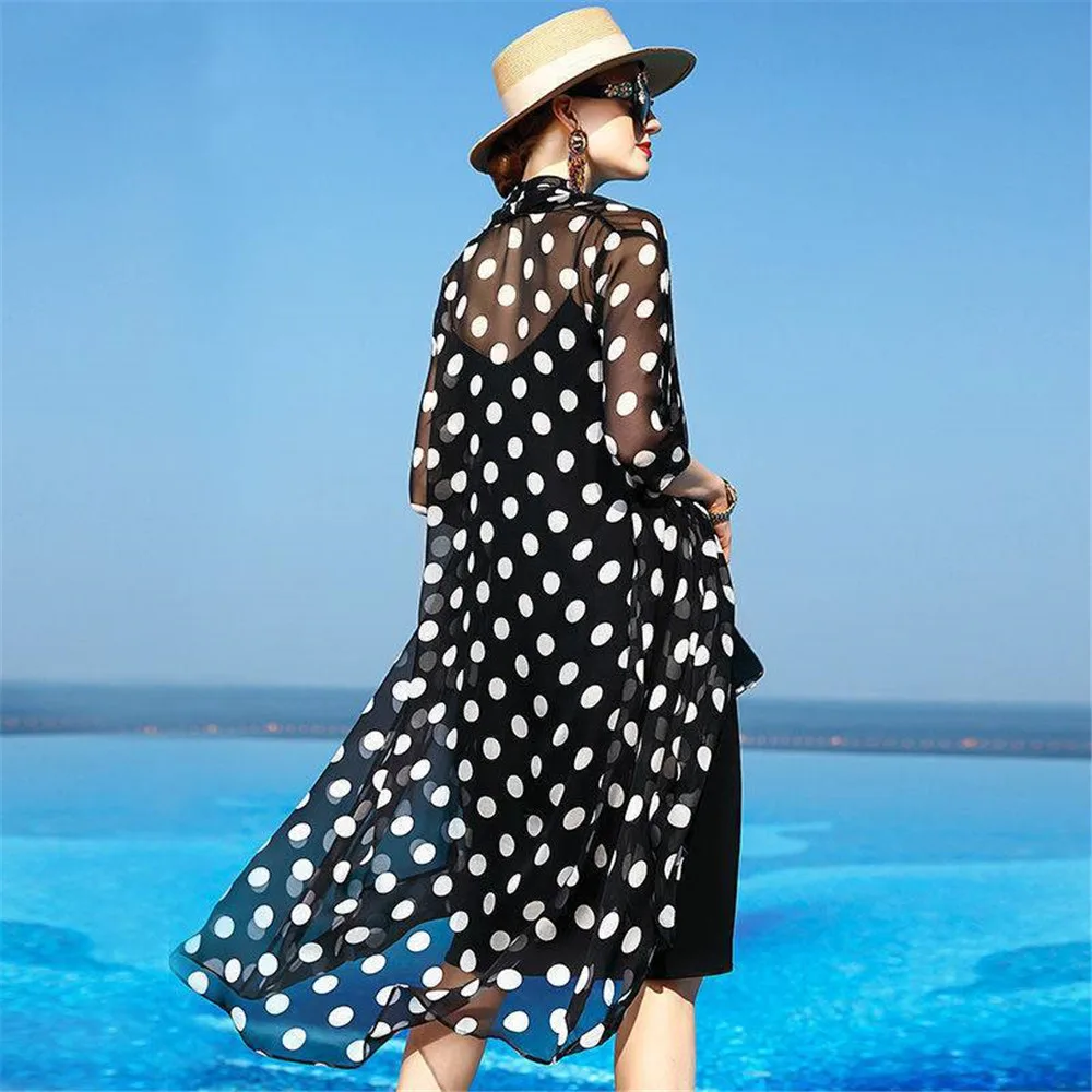 Korean Summer Women Beach Chiffon Jackets Elegant Jacket Long Cardigan Coats Female Polka Dot Sunscreen Coat Chaqueta Mujer