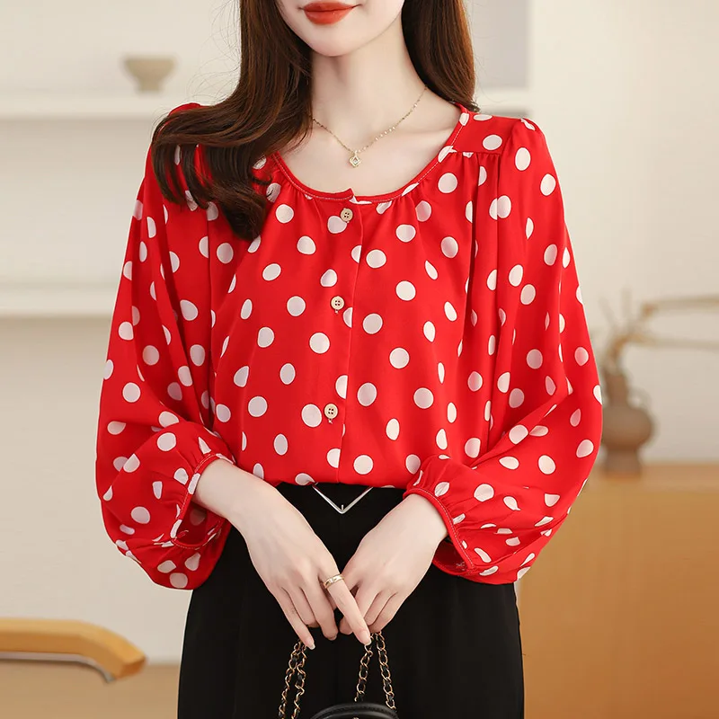 Women Clothing French Polka Dot Chiffon Shirt Spring Summer Loose Single Breasted Vintage O-neck Blouses Fashion Elegant Top