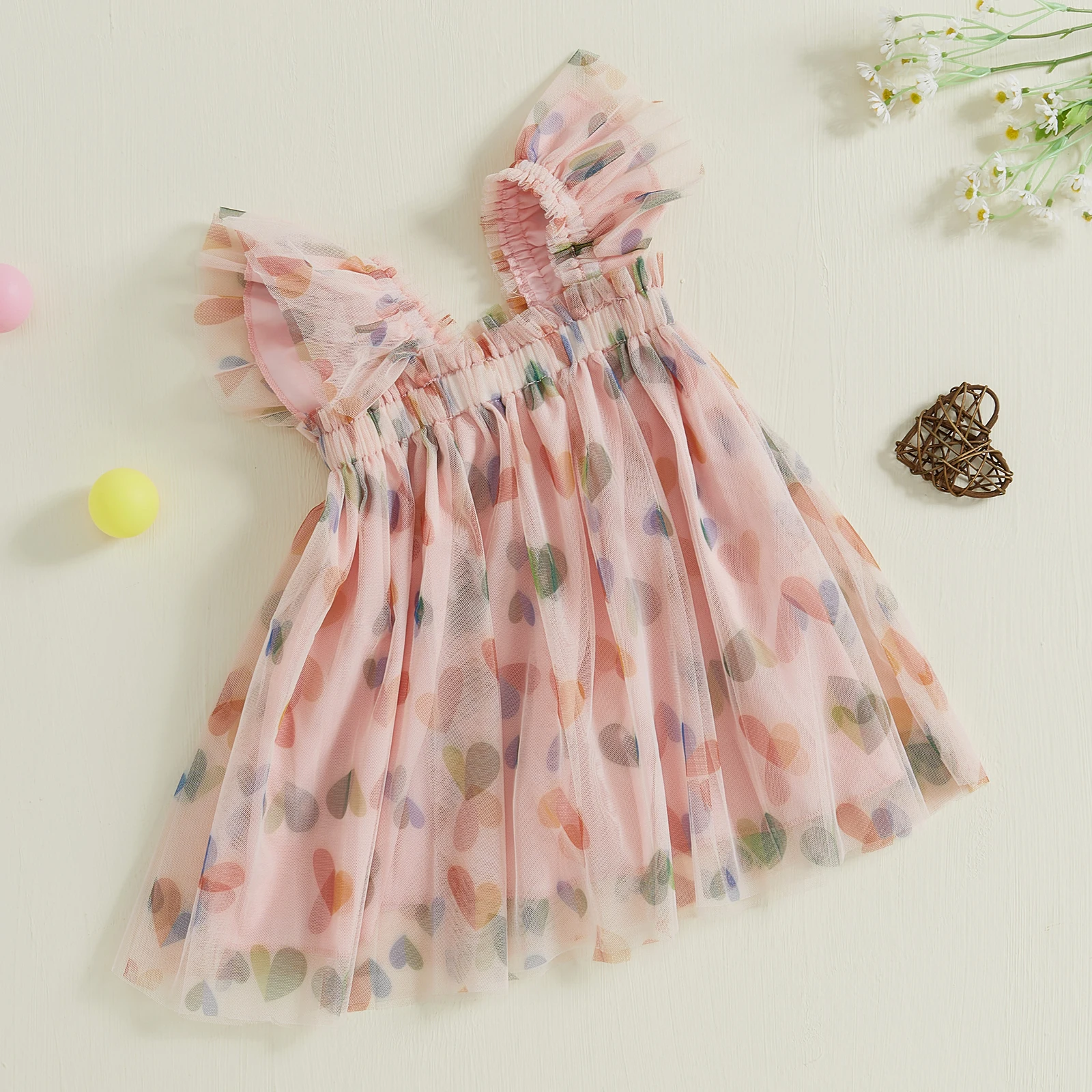 Tregren Toddler Girls Valentine's Day Dress Heart Print Fly Sleeve Casual Dress Kids Summer Princess Dress