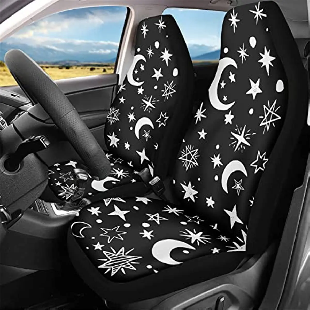 

Poceacles Moon and Star Print Car Seat Covers, 2 Piece Front Vehicle Seats Cover for Women Men, Universal Soft Bucket Auto Seat