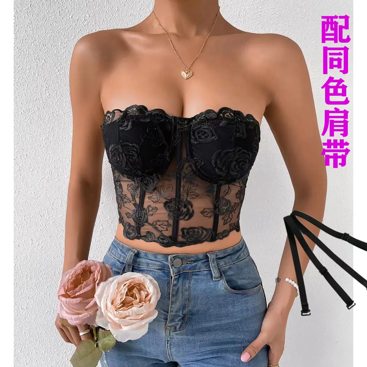 Sleeveless Tube Off Shoulder Mesh Fashion Sexy Corset Crop Tops Vest Female Underwear Backless Lace Up Bustier Bra Club Tops