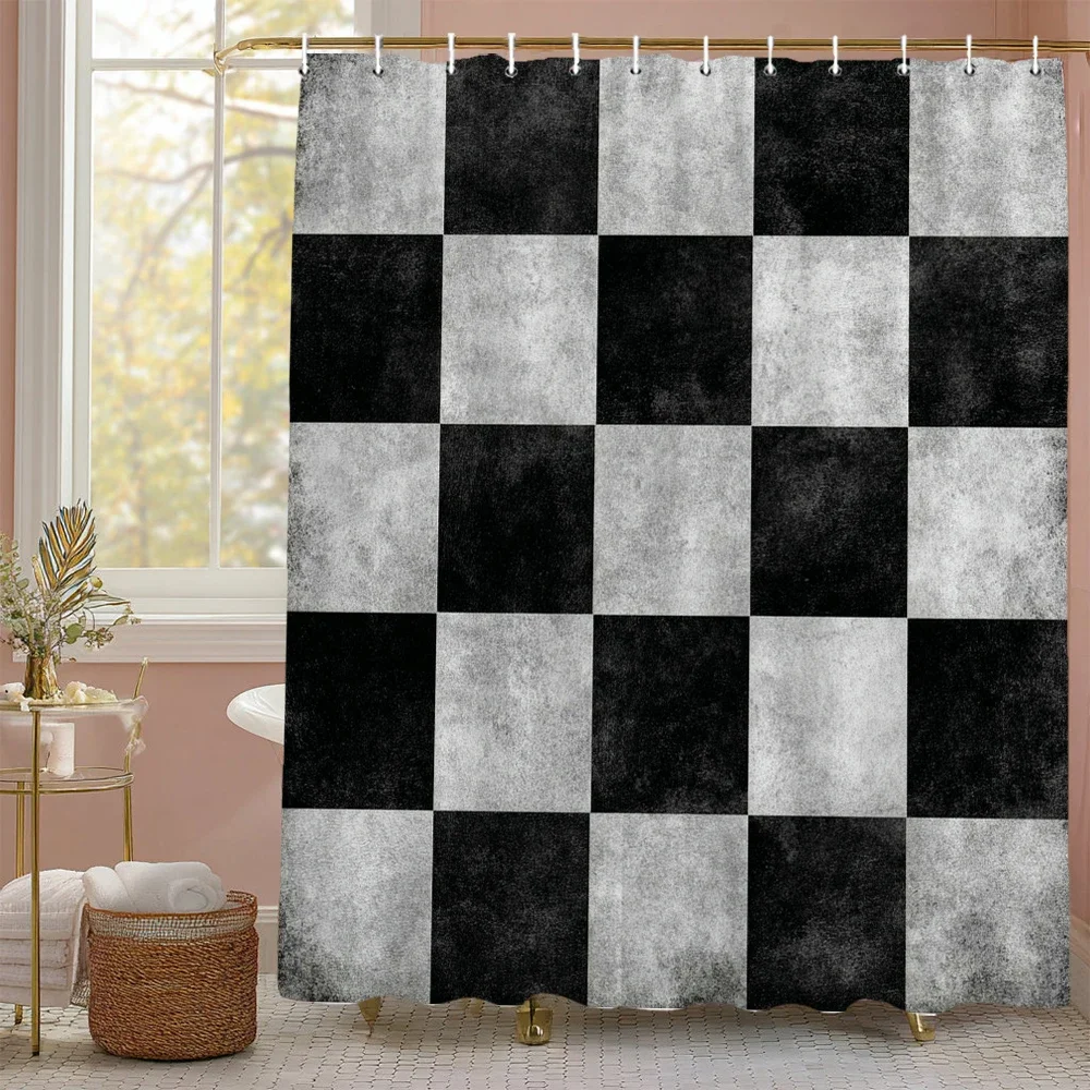 Modern Geometric Plaid, mosaic Graphic Shower Curtain, Bathroom Decorative Shower Curtain, Waterproof Shower Curtain with Hooks