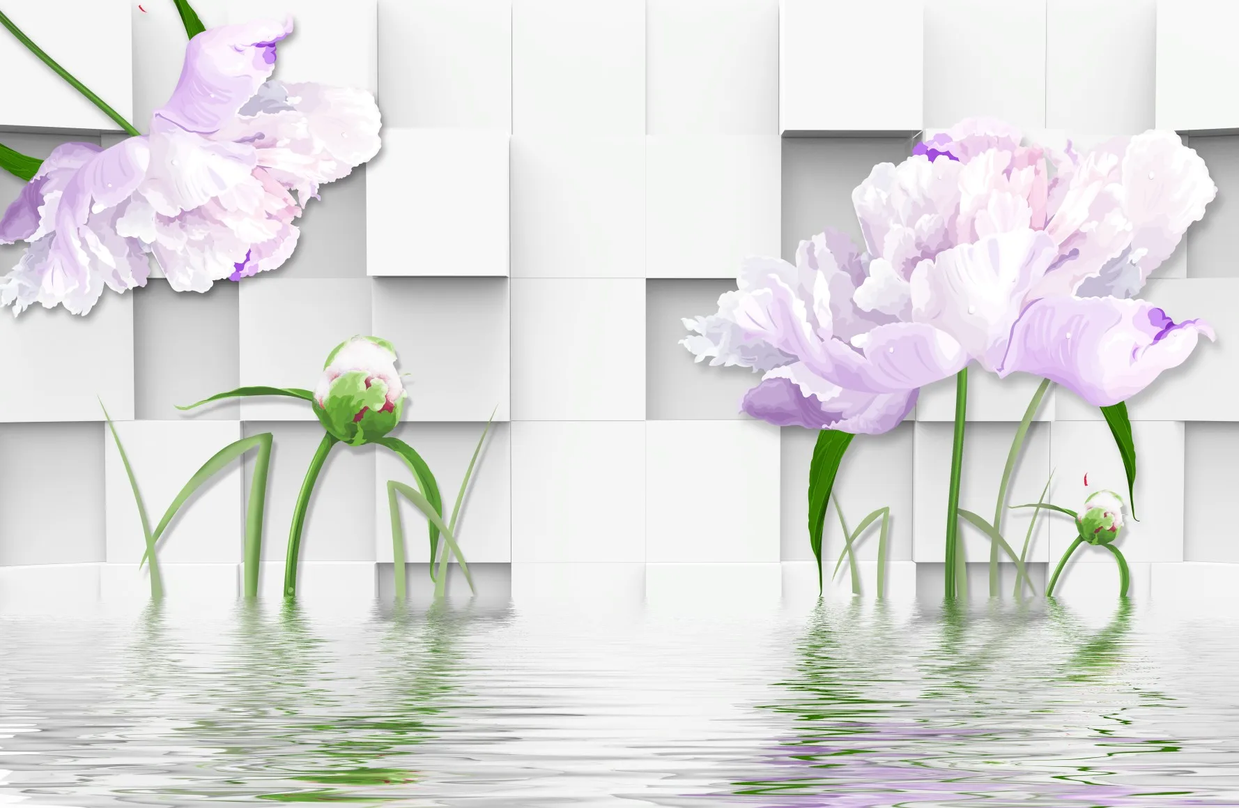 Custom wallpaper marble flower mural Reflection of Rose Flowers in Square Water TV sofa background painting 3d wallpaper