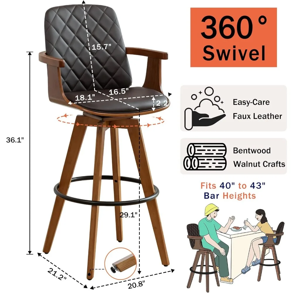 Bar Stools Set of 2 - 30 inch Mid Century Bar Stools with Walnut Craftsmanship, Curved Back and Arms, Upholstered Seat