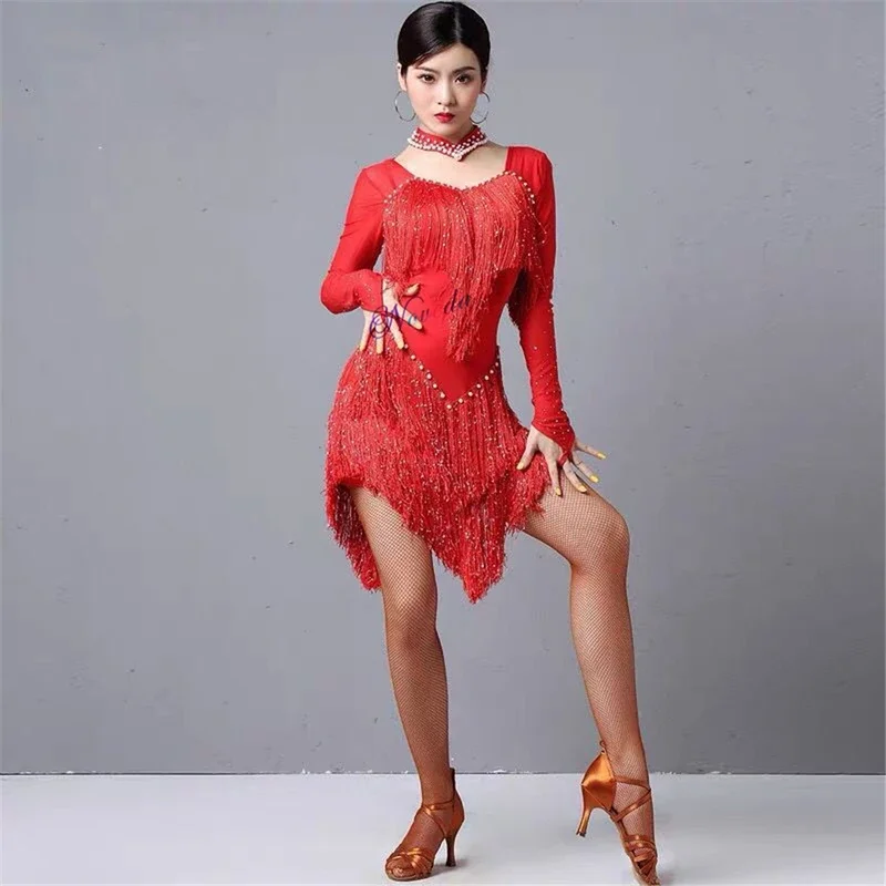 2021 Nuovo Vestito Da Ballo Latino Sexy Delle Donne Della Maglia di Paillettes Frange Concorso Sala Da Ballo Tango Samba Rumba Salsa Vestito Latino