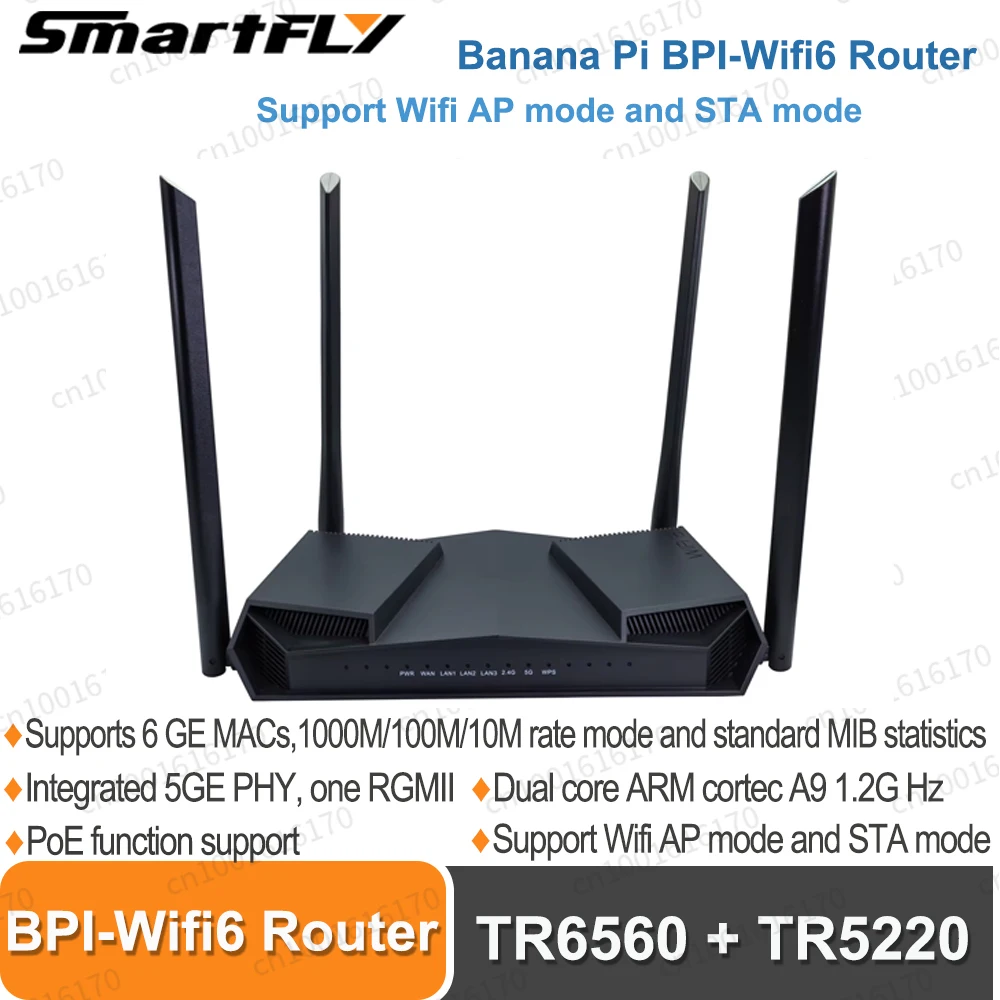 

Banana Pi BPI-Wifi 6 Router TR6560 + TR5220 Wifi SOC Dual Core ARM Cortec A9 Integrated 5GE PHY RGMII 6 GE MACs Routing Board