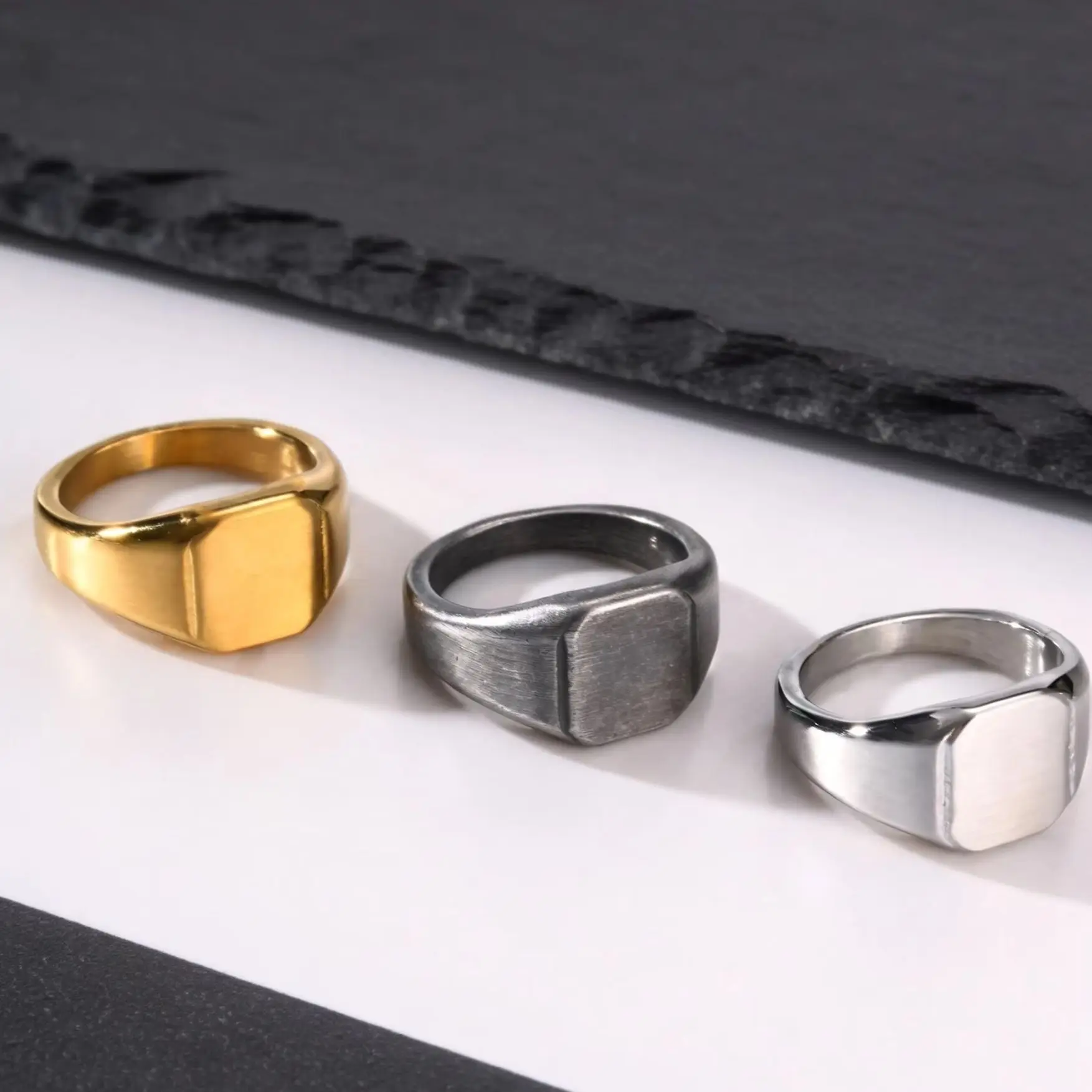 Silver Color Square Signet Ring for Men Women,Brushed Stainless Steel Ring Band Ring,Basic Chunky Ring Thumb Ring