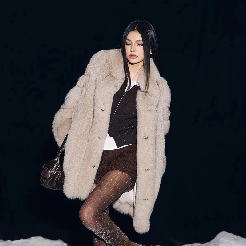 Ftangaiur ผู้หญิงฤดูหนาวนําเข้า Fox ขนสัตว์เสื้อแขนยาวหญิง Fox เสื้อขนาดกลางครึ่ง Turn-Down COLLAR ธรรมชาติ Fox ขนสัตว์เสื้อ