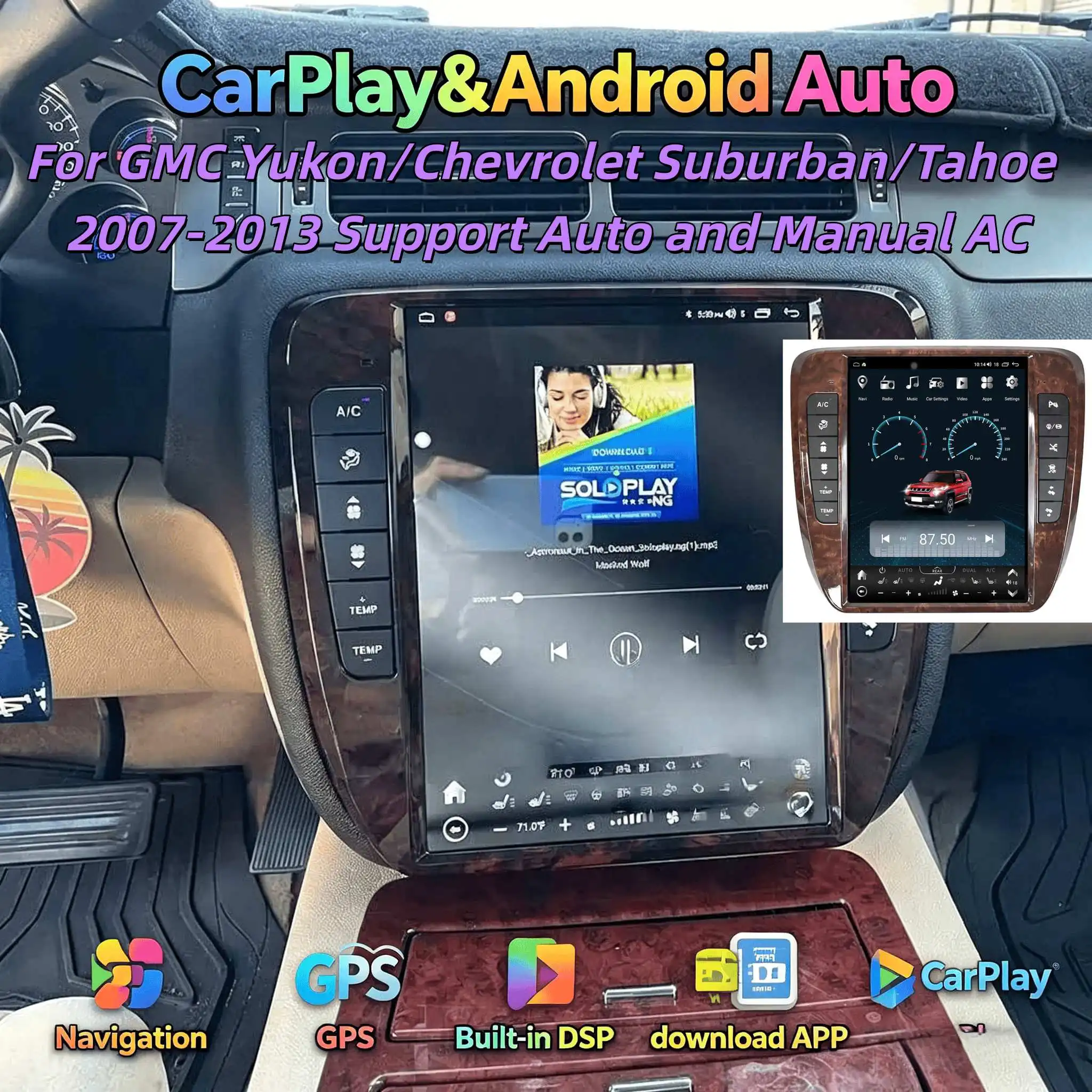 Android Auto para GMC Yukon Chevrolet Silverado Chevrolet Tahoe 2007-2013, Radio de Coche con Bluetooth 5.0, Carplay, Estéreo, Unidad Principal