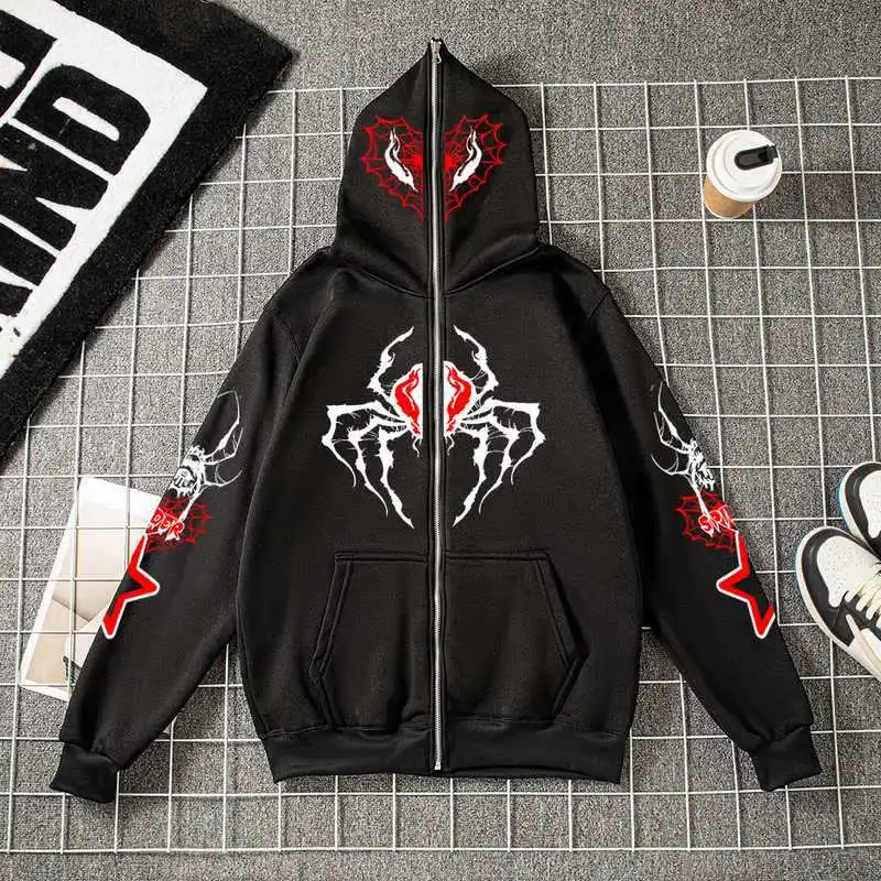 Goth Y2k Streetwear Women Printing Spider Zip Up Hoodie Women Clothes Harajuku Long Sleeve Anime Oversize Hoodie Men Women