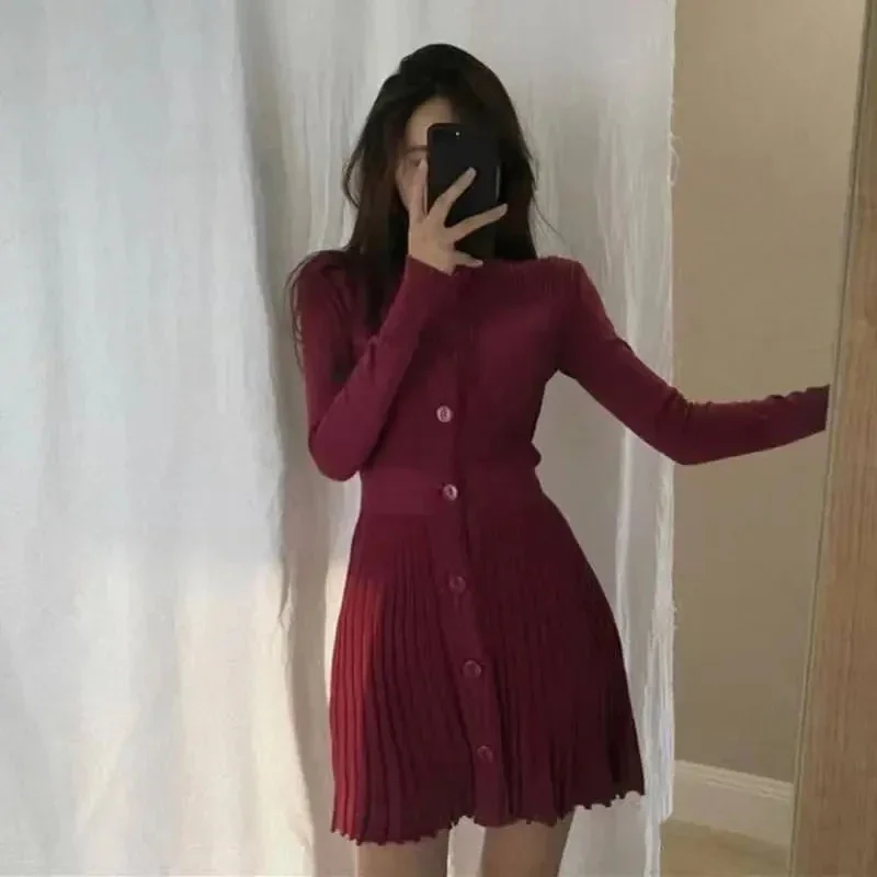 Thin Long Sleeve Knitted Dress Women Summer Korean Single Breasted Sexy Pleated Mini Dress Fashion Streetwear Slim A Line Dress