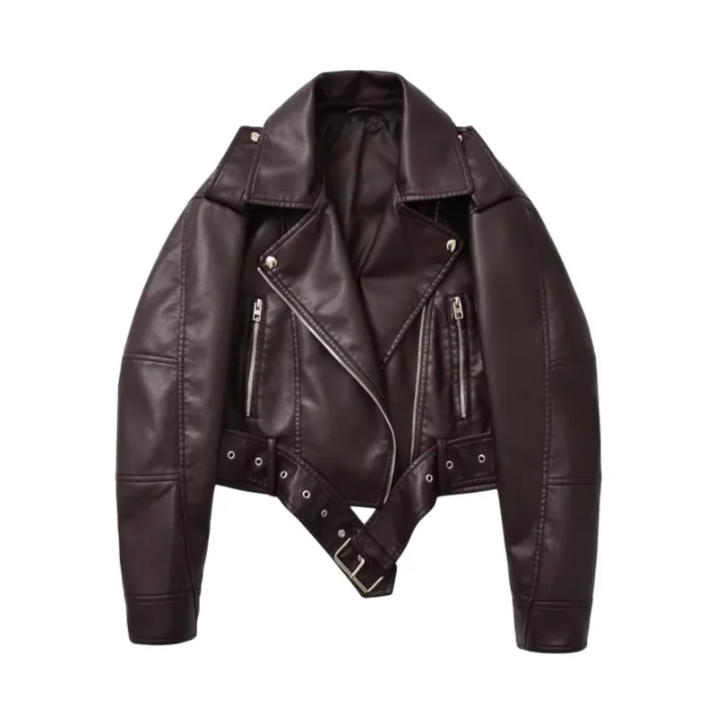 

Women's 2026 New Clothes Women's Retro Motorcycle Leather Jacket Short Belt Imitation Leather Pilot Jacket Coat