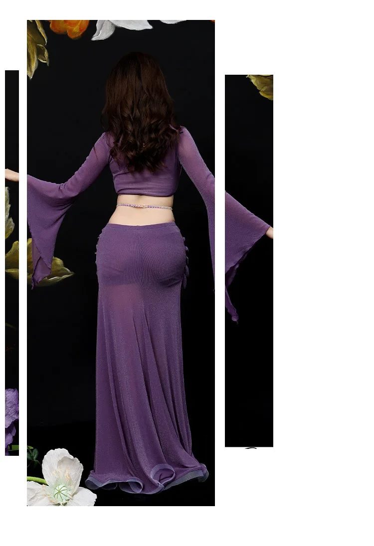 Belly Dance Costume Women V-Neck Sexy Long Sleeve Top + Slit Long Skirt Oriental Dance Practice Suit Suit Performance Dance Suit