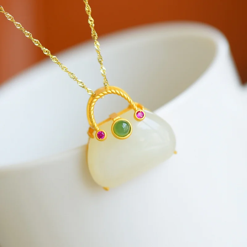

Natural Hetian Small Bag Pendant S925 Silver Gold Plated Inlaid With White Jade Fashion Women'S Necklace