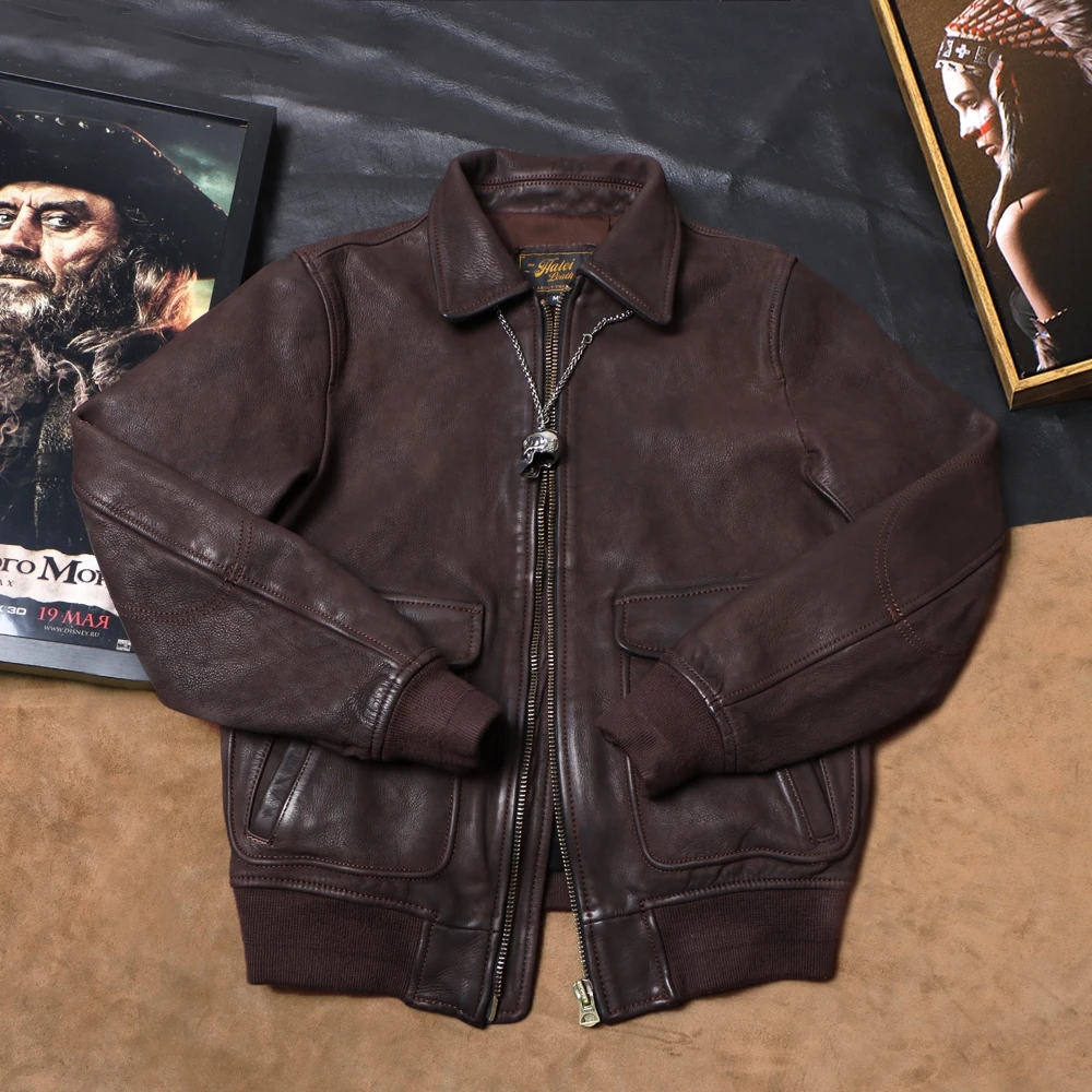 

Темно-коричневая осенняя кожаная куртка мужская в стиле милитари плюс размер 5XL из натуральной овчины с отложным воротником летное кожаное пальто