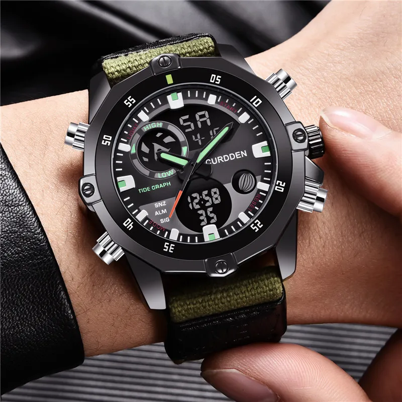 Men Genuine CURDDEN Dual Time Watches Fashion Nylon Band Multi-function Chronograph Sports Army Digital Watch Relogio Masculino