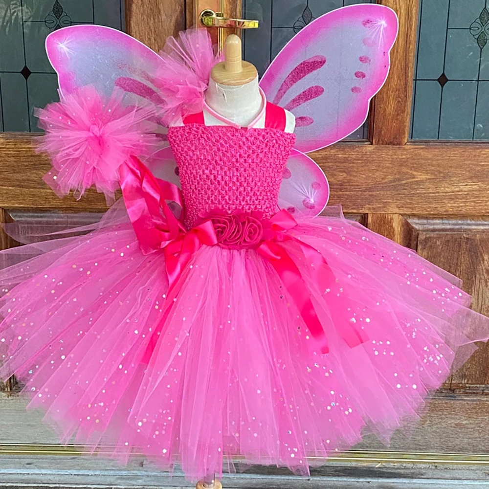 Vestido de tul con purpurina rosa para niñas, vestidos tutú de Hada y mariposa con ala y lazo para el pelo, disfraz de Halloween para niños